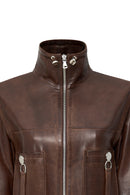 Edwina Women's Brown Leather Jacket with Removable Sleeves | Derimod