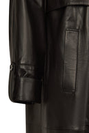 Adele Woman Black A-Line Hooded Fur Collar Leather Overcoat | Derimod