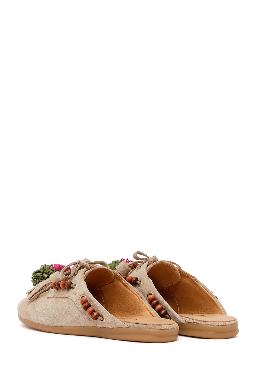 Woman Beige Tassel Suede Mule Slipper