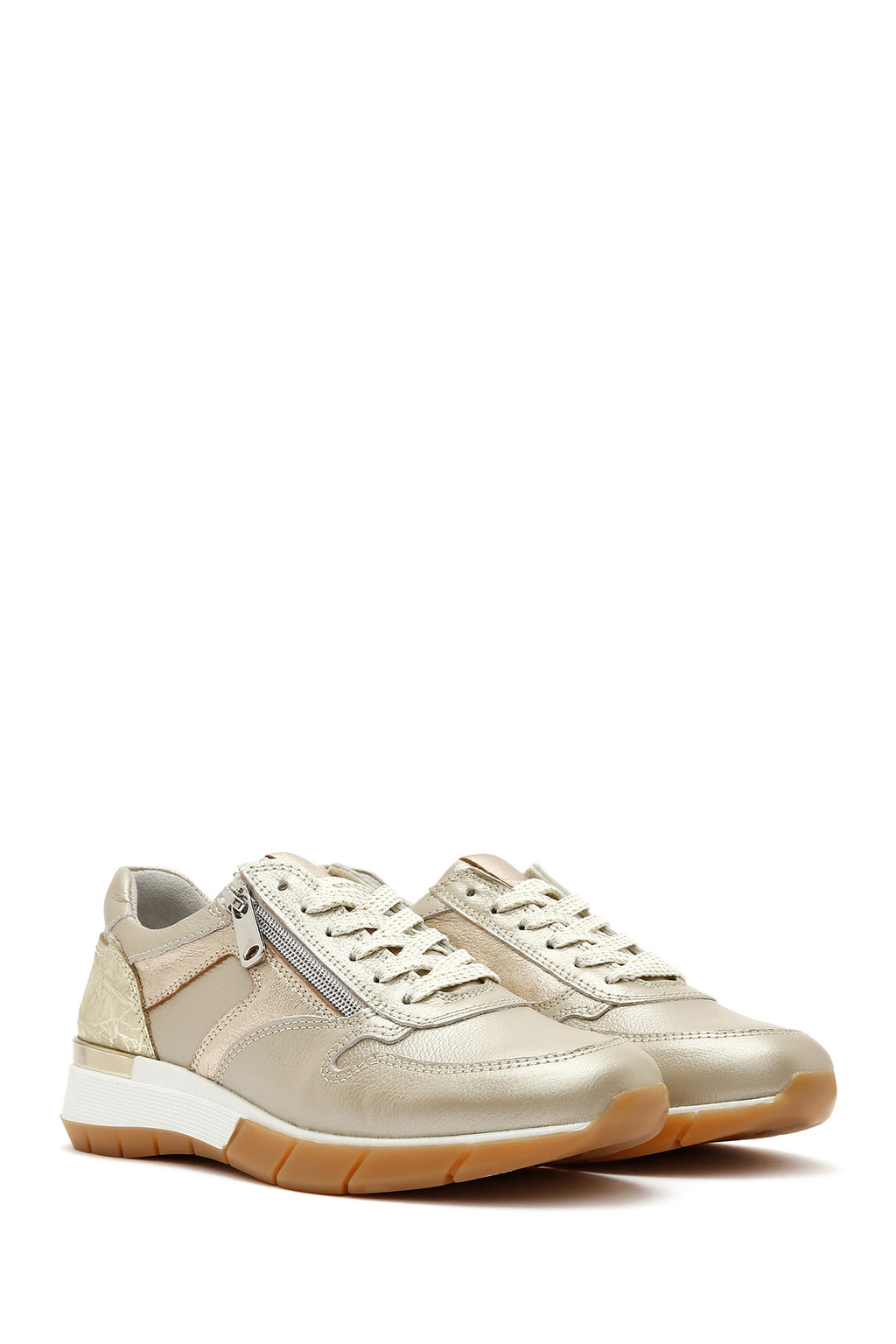 Kadın Altın Bağcıklı Yandan Fermuarlı Deri Sneaker