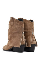 Women's Beige Short Thick Heel Suede Leather Cowboy Boot | Derimod