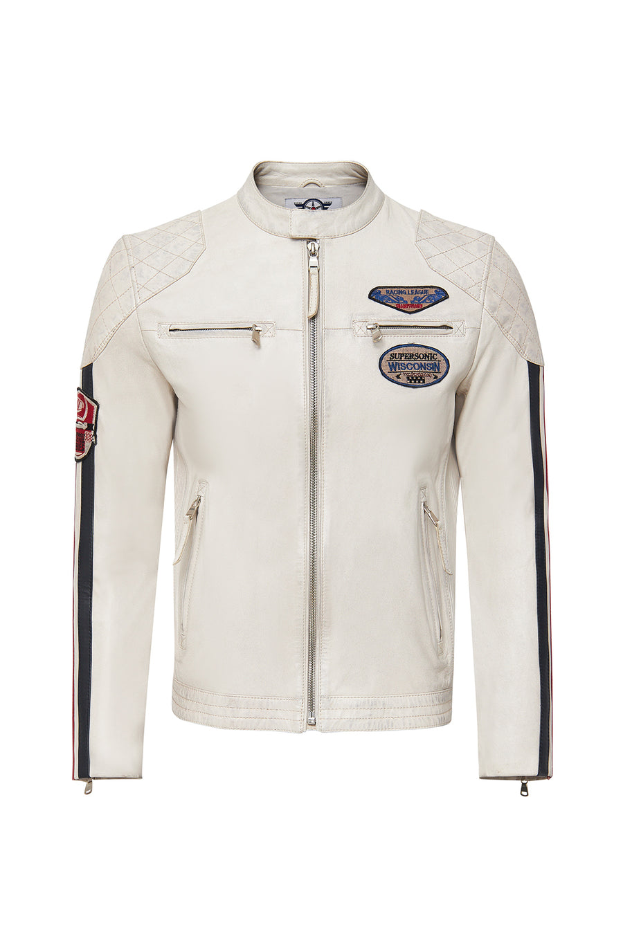 Storm Men's White Slim-Fit Leather Jacket with Emblem 24SGM6525WF | Derimod