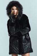 Virginia Women's Black Hooded Long Teddy Coat | Derimod