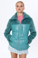 Miami Women's Green Plush Puffer Leather Jacket | Derimod