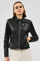 Heidi Women's Black Short Leather Jacket | Derimod