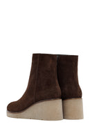 Woman Brown Zippered Wedge Heel Suede Leather Boat | Derimod