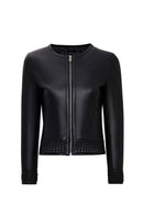 Becky Woman Black Short Leather Jacket with Woven Detail | Derimod