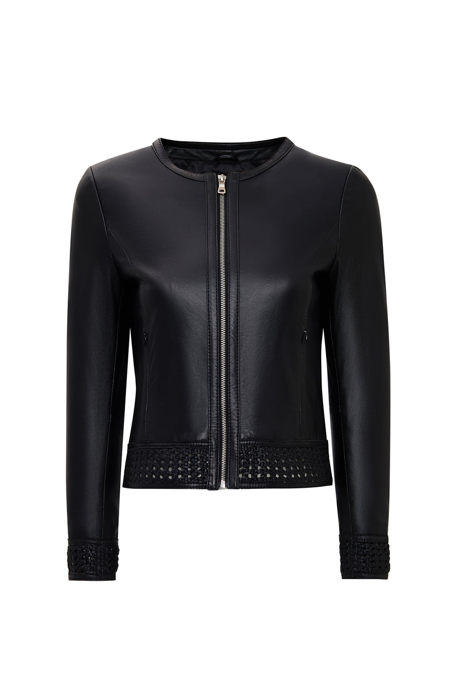 Becky Woman Black Short Leather Jacket with Woven Detail 25WGE56121M | Derimod