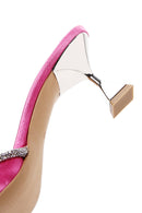 Women's Pink Leather Stone Heeled Slippers | Derimod