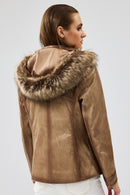 Meggy Women's Beige Hooded Furry Leather Jacket | Derimod