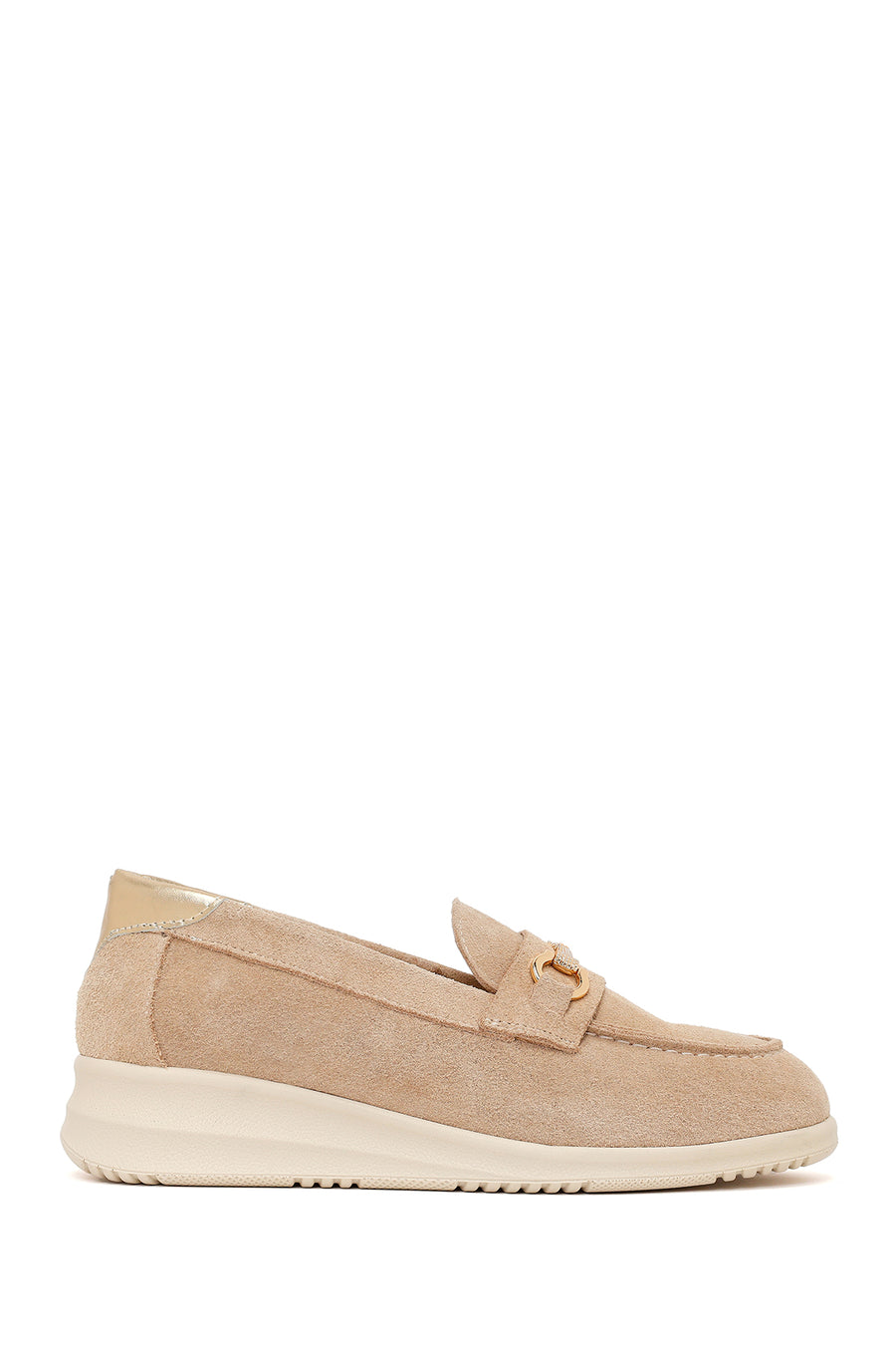 Woman Beige Buckle Wedge-Heel Suede Leather Comfort Loafer 26PFD411310 | Derimod