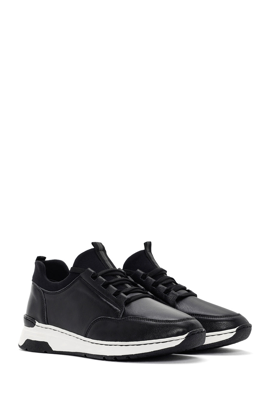 Women's Black Lace-up Thick-Sole Leather Sneaker
