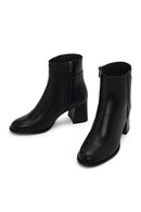 Woman Black Zip Closure Thick-Heeled Leather Boots | Derimod