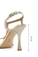 Women's Gold Metallic Patterned High Thin Heel Leather Sandals | Derimod