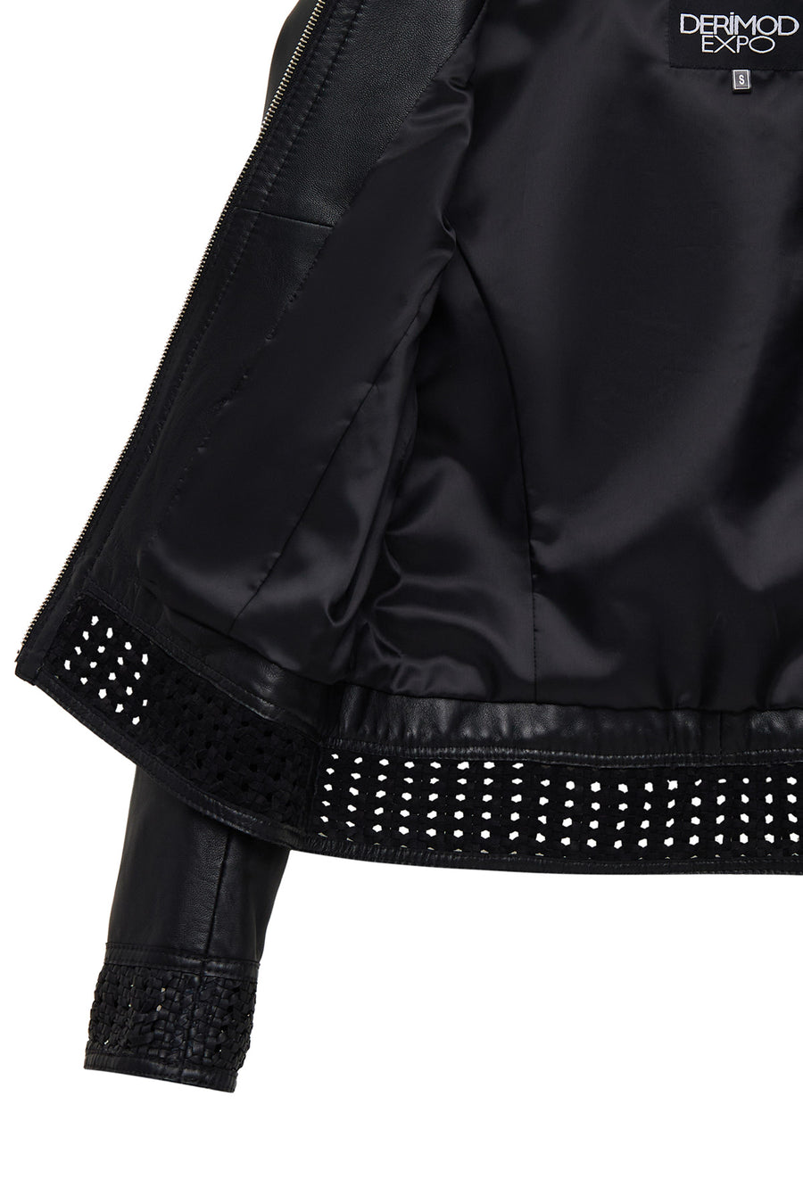 Becky Woman Black Short Leather Jacket with Woven Detail