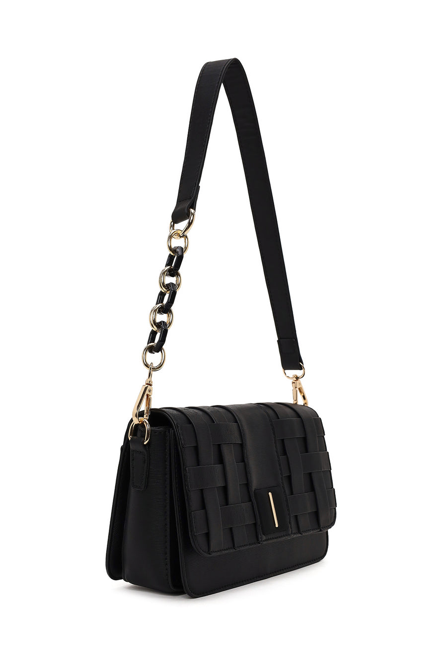 Woman Black Long-Strap Knit Crossbody Bag