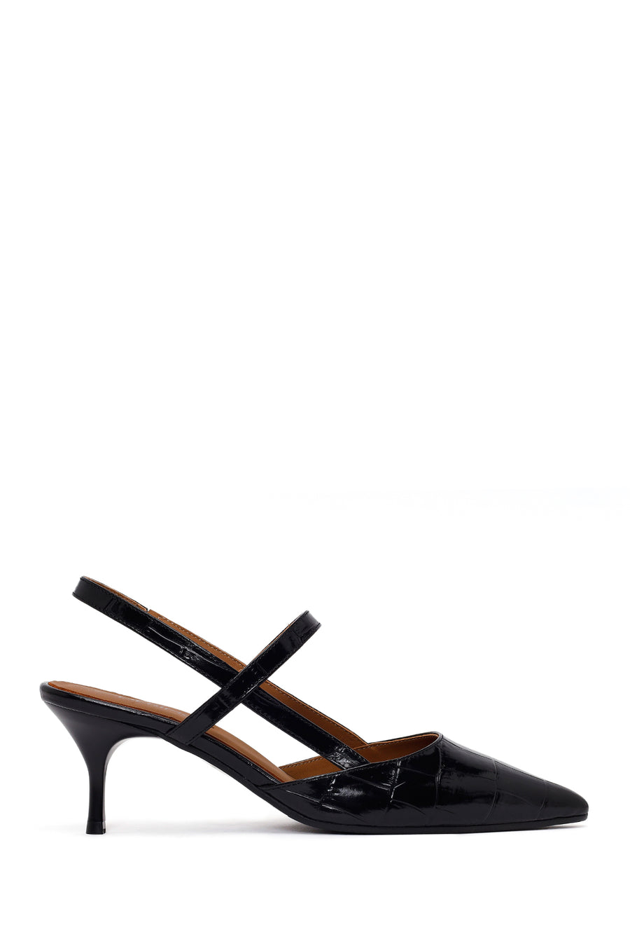 Woman Black Open-Back Thin-Heeled Croc-Embossed Leather Shoes 26PFD1331E3 | Derimod