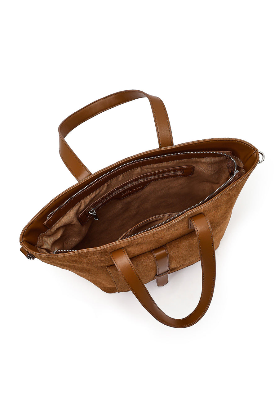 Woman Tan Long-Strap Suede Shoulder Bag