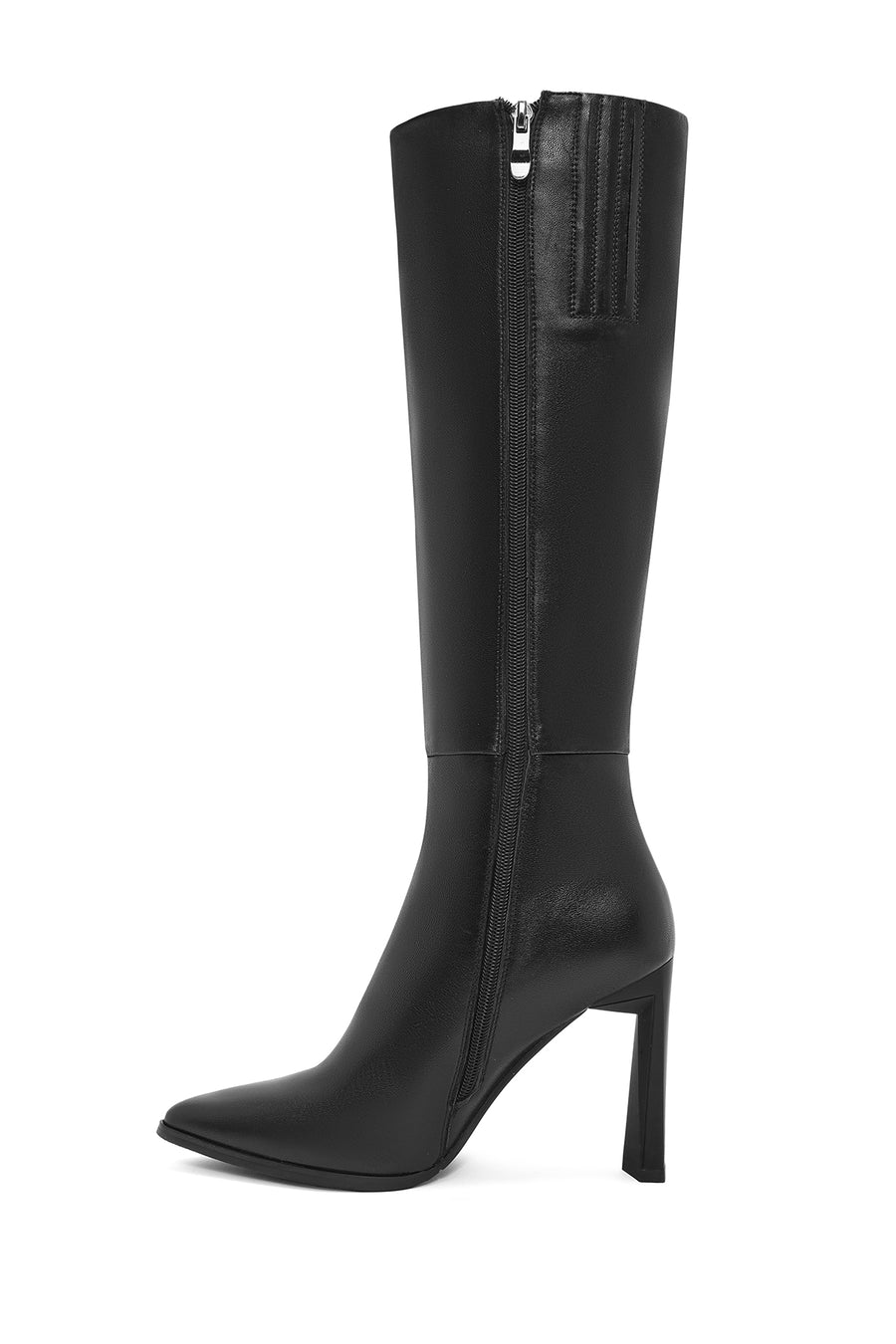 Woman Black Zip Closure Thin High-Heeled Leather Boots