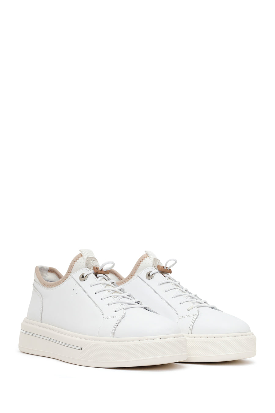 Men's White Lace-up Thick-Sole Leather Sneaker