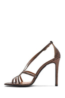 Women's Bronze Ankle Strap Patterned High Thin Heel Leather Shoes | Derimod