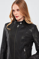 July Women's Black Regular Short Leather Jacket | Derimod