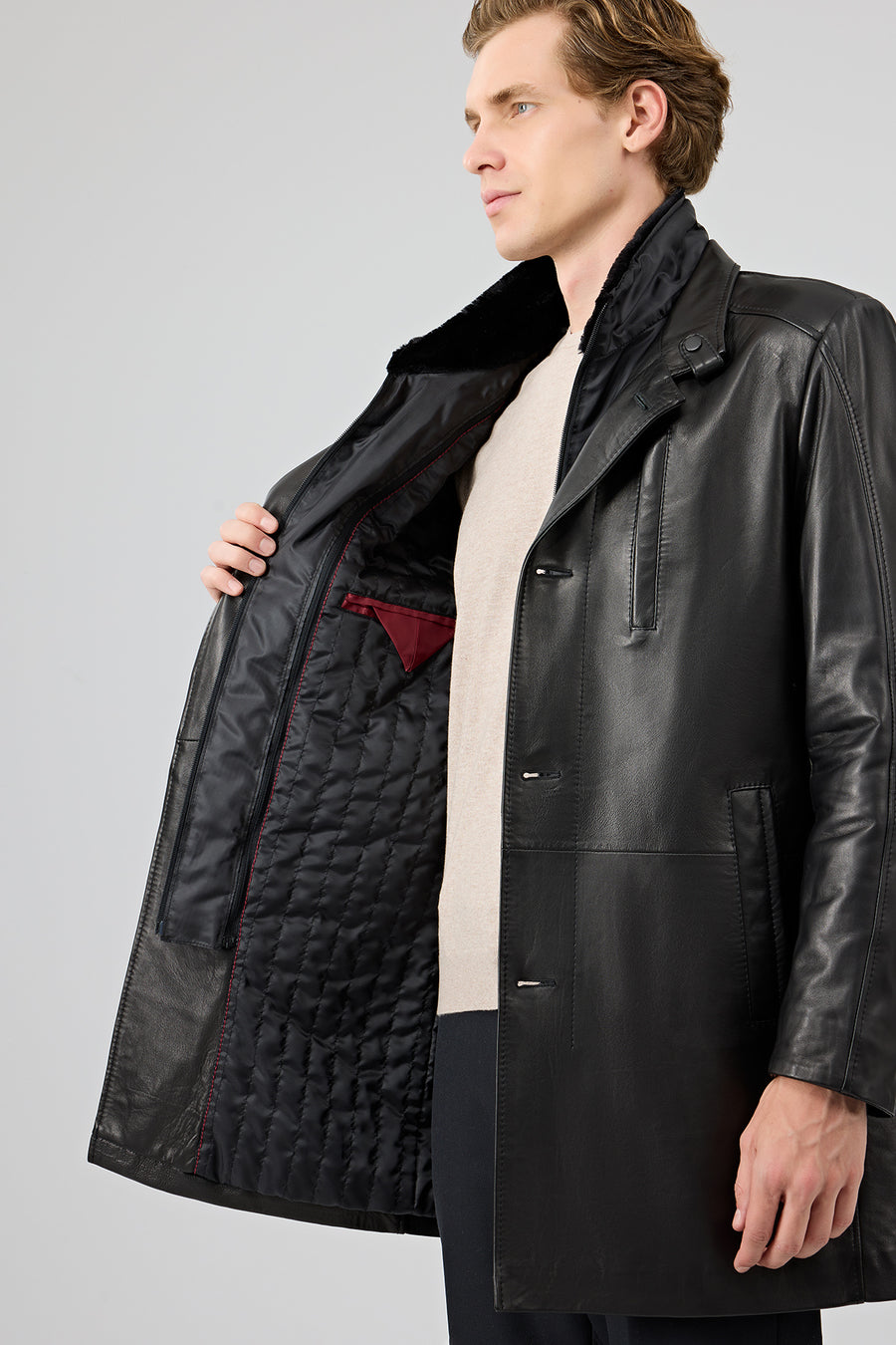 Barella Men's Black Collar Furry Leather Trench Coat