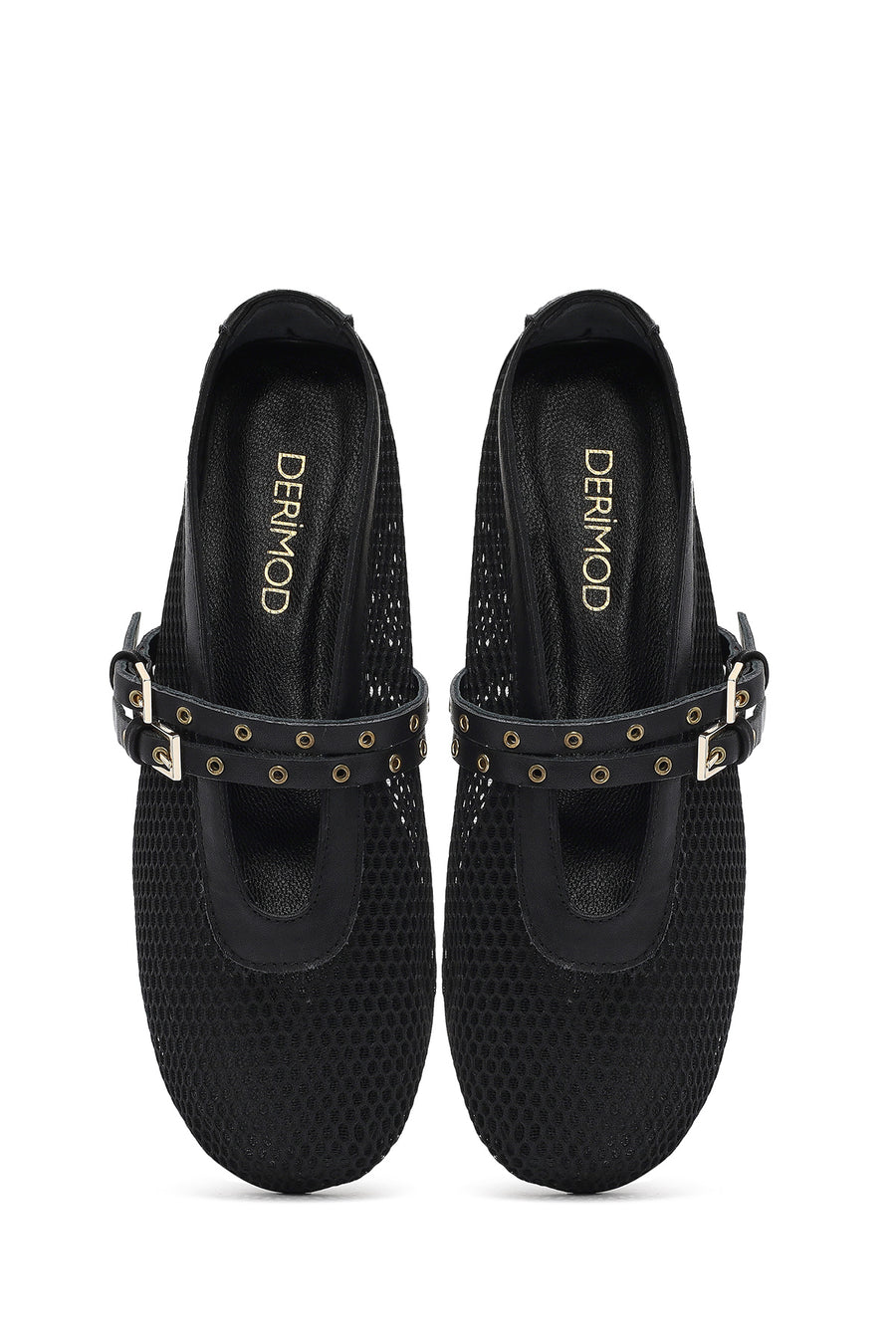 Women's Black Buckled Mesh Fabric Ballerinas