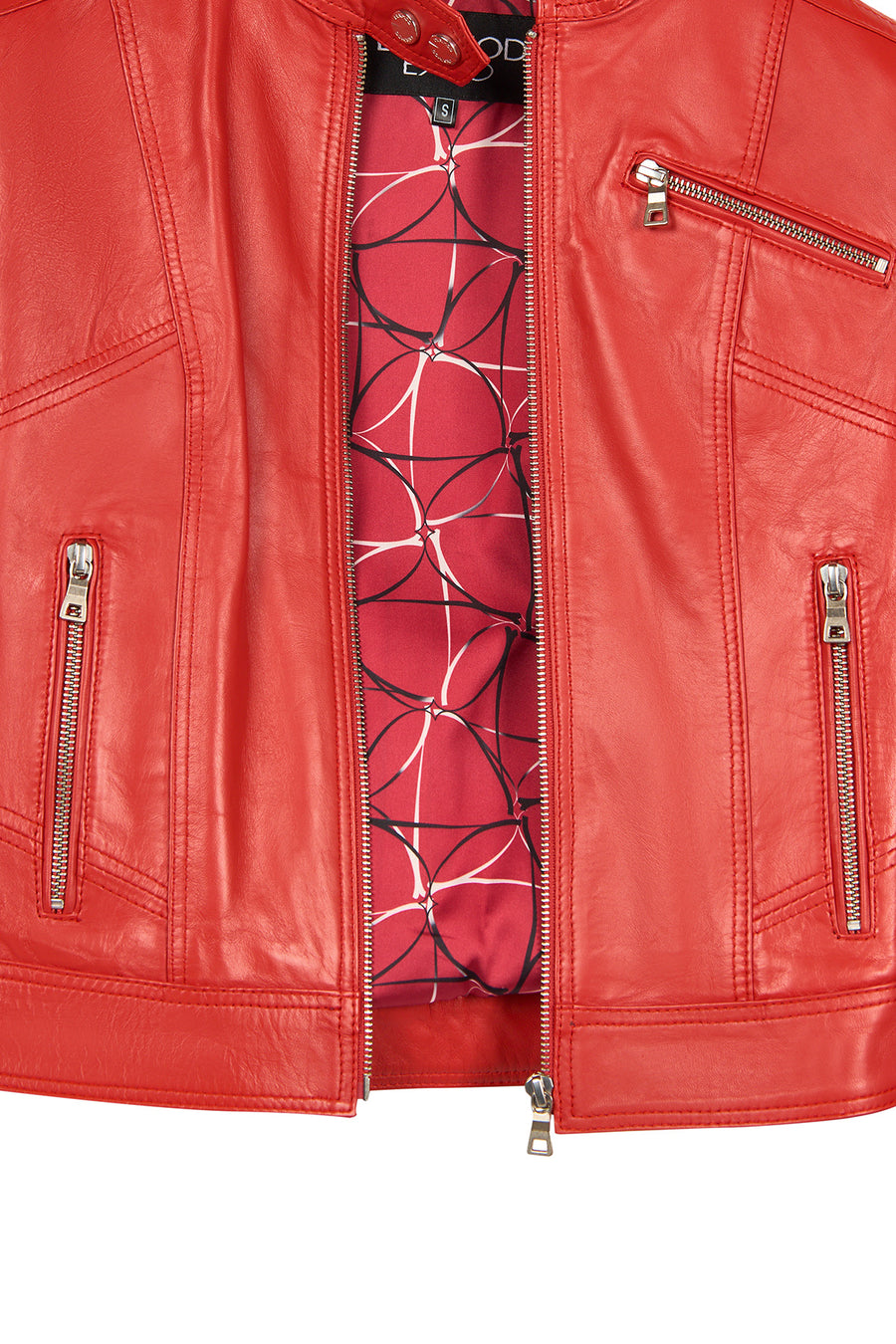 Kylie Woman Red Stand Collar Short Leather Jacket