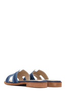 Women's Blue Patterned Leather Slippers | Derimod