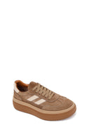 Woman Tan Lace-Up Thick-Soled Suede Leather Sneaker | Derimod