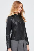 Vicky Women's Black Short Leather Jacket | Derimod