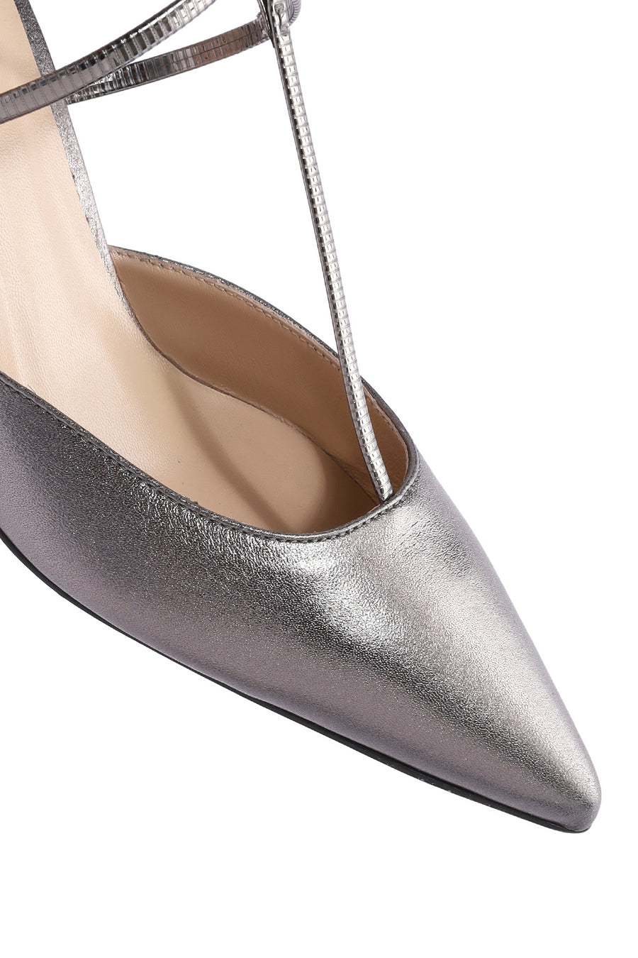 Women's Grey Ankle Strap Thin Heel Metallic Leather Shoes