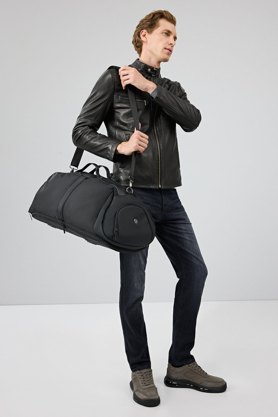 Jefferson Men's Black Stand Collar Slim-Fit Leather Jacket