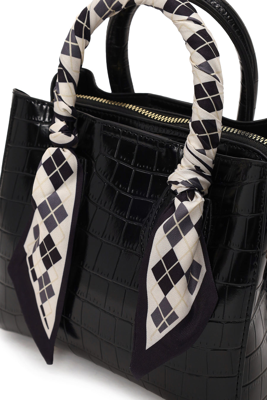 Woman Black Long-Strap Croc-Pattern Mini Shoulder Bag