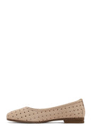 Women's Beige Patterned Suede Leather Ballet Flats | Derimod