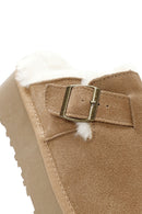 Women's Camel Thick-Soled Fur Detailed Suede Leather Slippers | Derimod