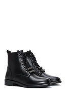 Women's Black Lace-Up Zipper Detailed Leather Combat Boots | Derimod