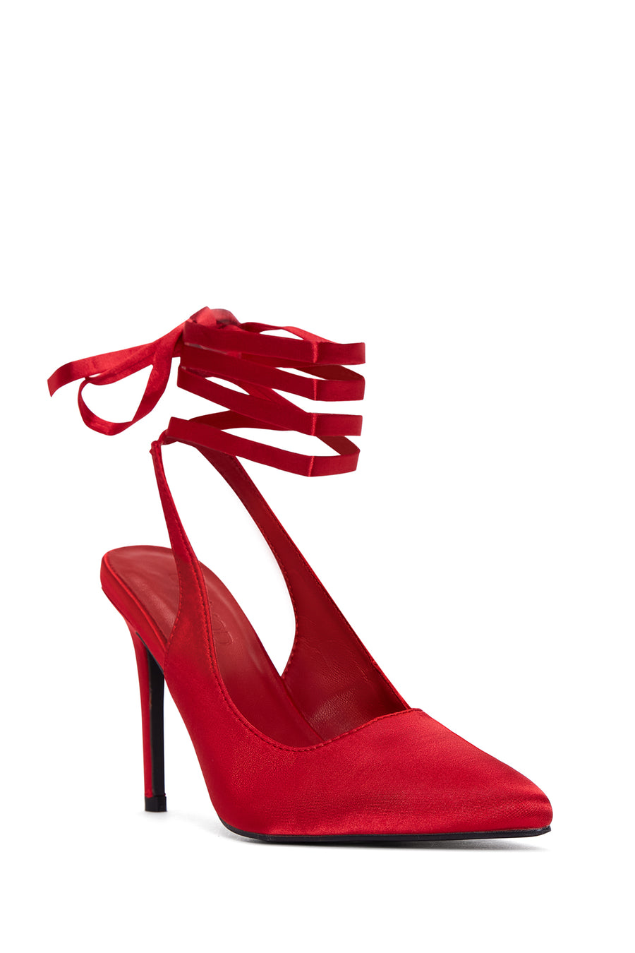Women's Red Ankle Strap Satin Heeled Shoes
