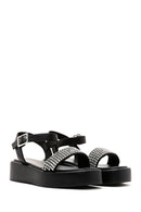 Women's Black Thick Soled Stone Flat Sandals | Derimod