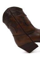 Woman Brown Short Chunky-Heeled Leather Cowboy Boots | Derimod