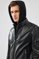 Niko Men's Black Hooded Leather Jacket | Derimod