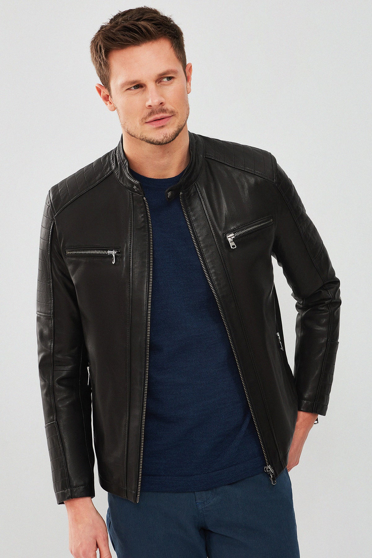 Dali Men's Black Sports Leather Jacket 22SGM6348VE | Derimod