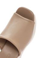 Women's Beige Wedge Heeled Leather Slippers | Derimod