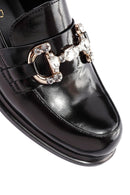 Women's Black Stone Detailed Leather Masculine Loafer | Derimod