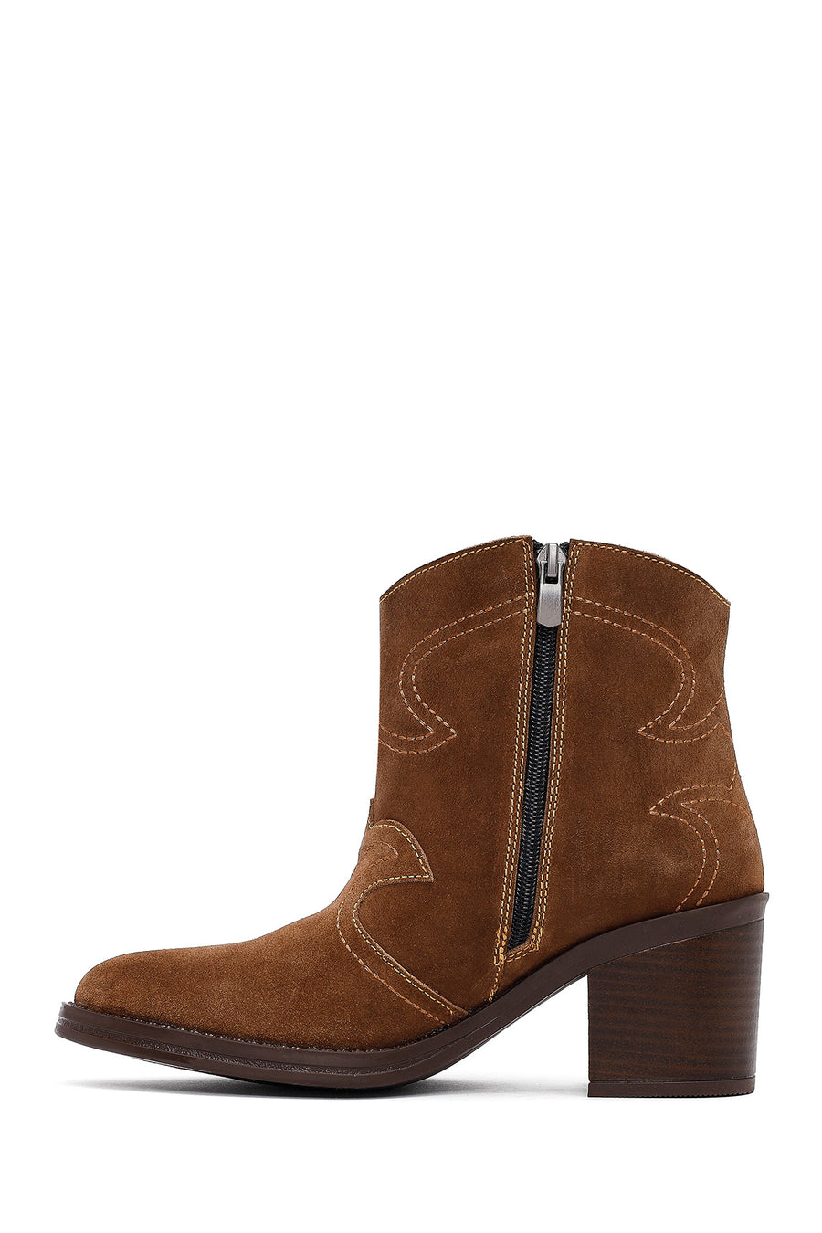 Woman Tan Suede Chunky Heel Leather Cowboy Boots