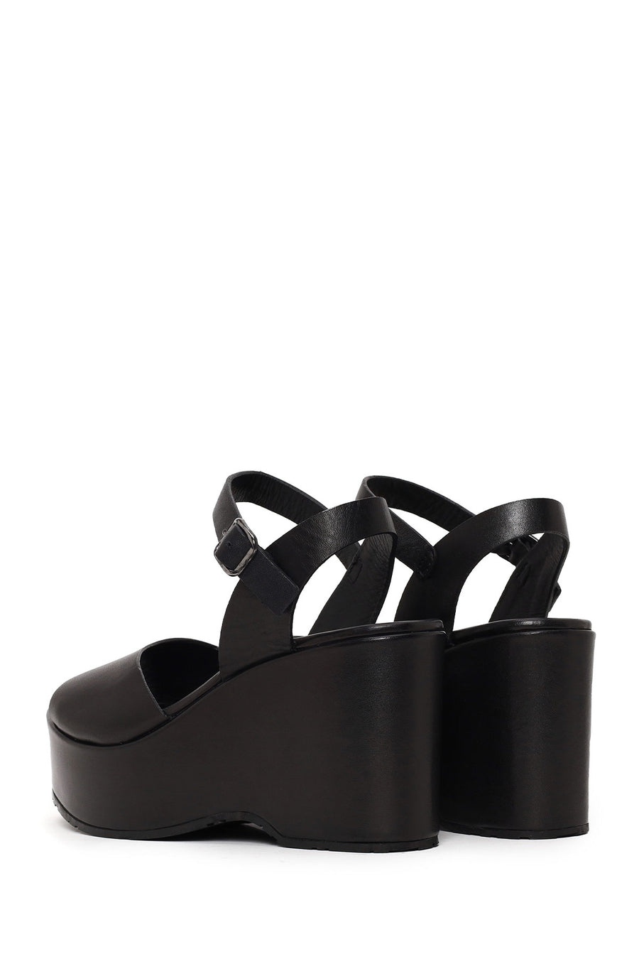 Woman Black Ankle-Buckle Wedge-Heel Leather Sandal
