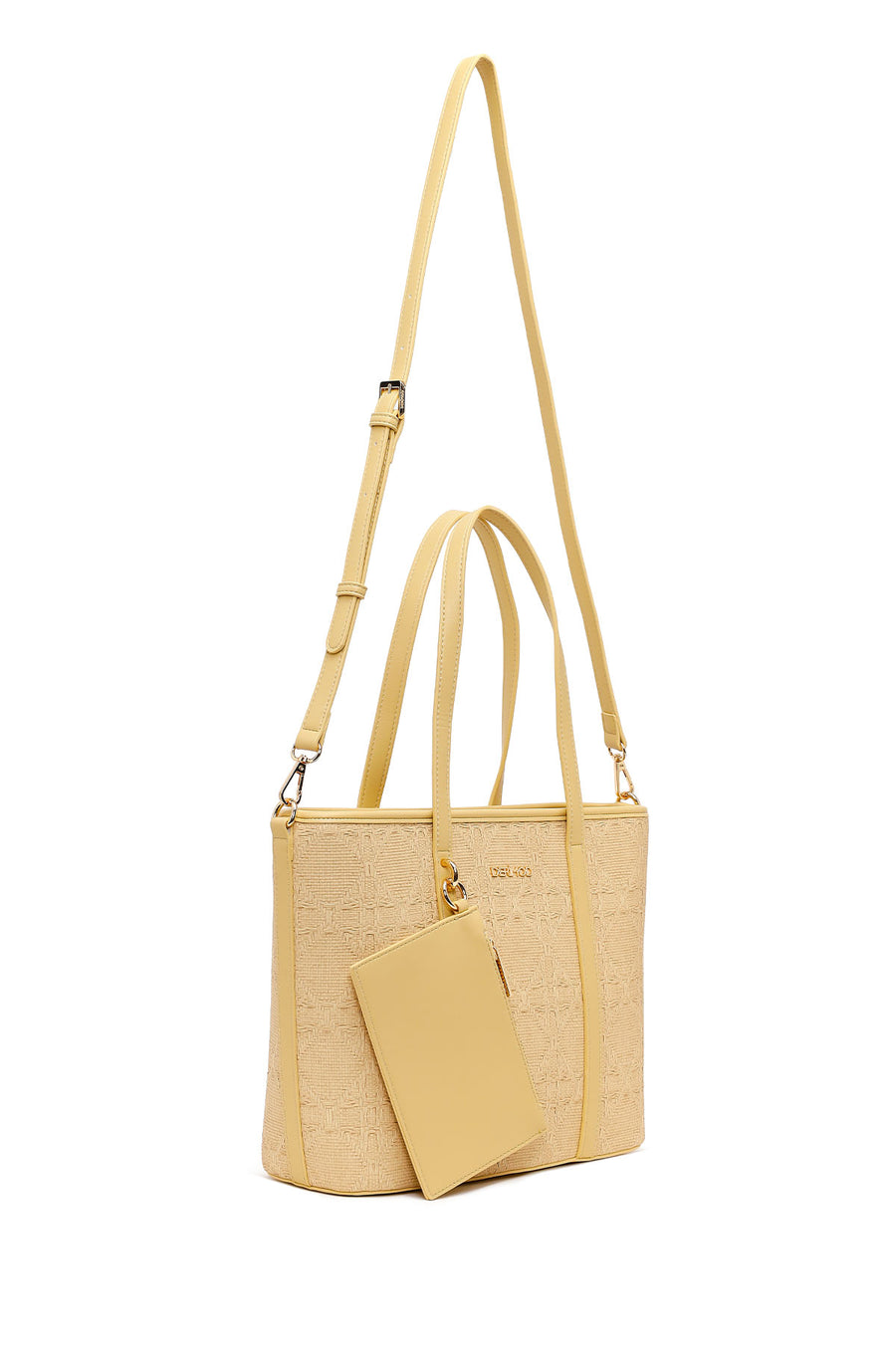 Woman Beige Patterned Wicker Shoulder Bag with Long Strap