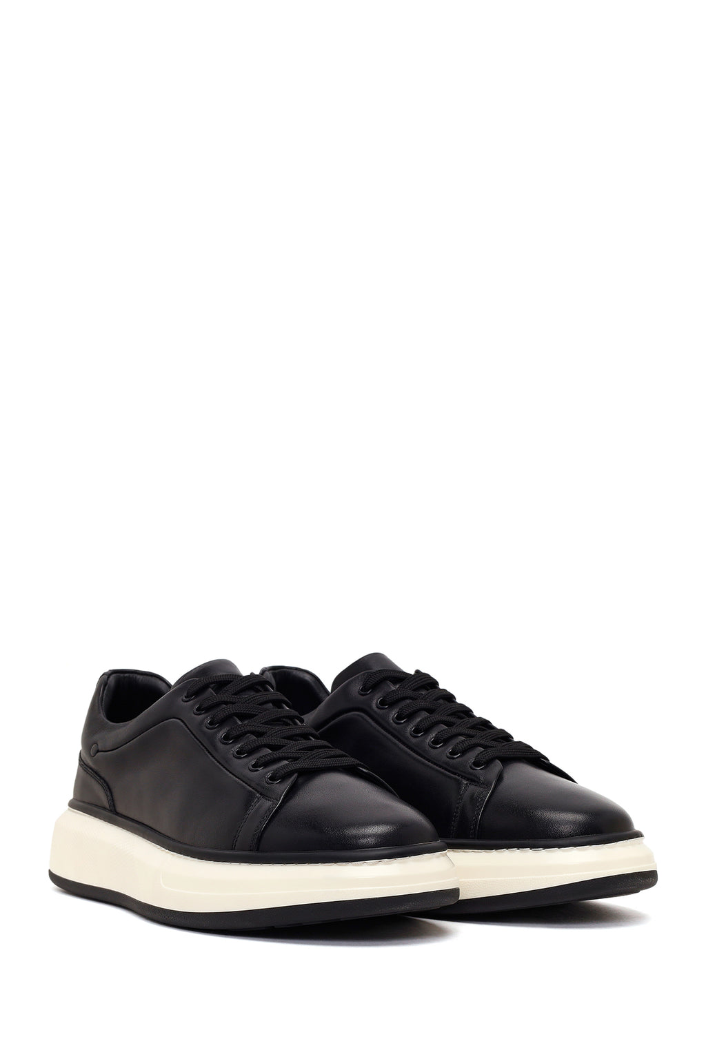 Erkek Siyah Bağcıklı Kalın Tabanlı Deri Sneaker