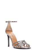 Women's Bronze Ankle Strap Metallic High Heel Leather Sandals | Derimod